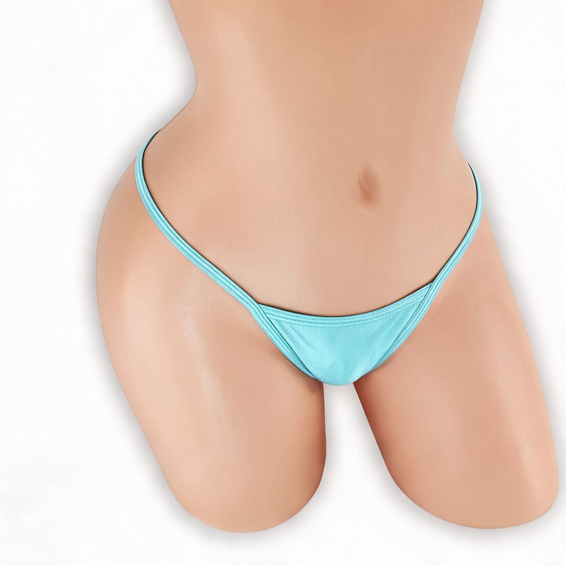 Aquamarine baby blue wide strap low rise v-back thong on mannequin, front view, Golddiggers Boutique