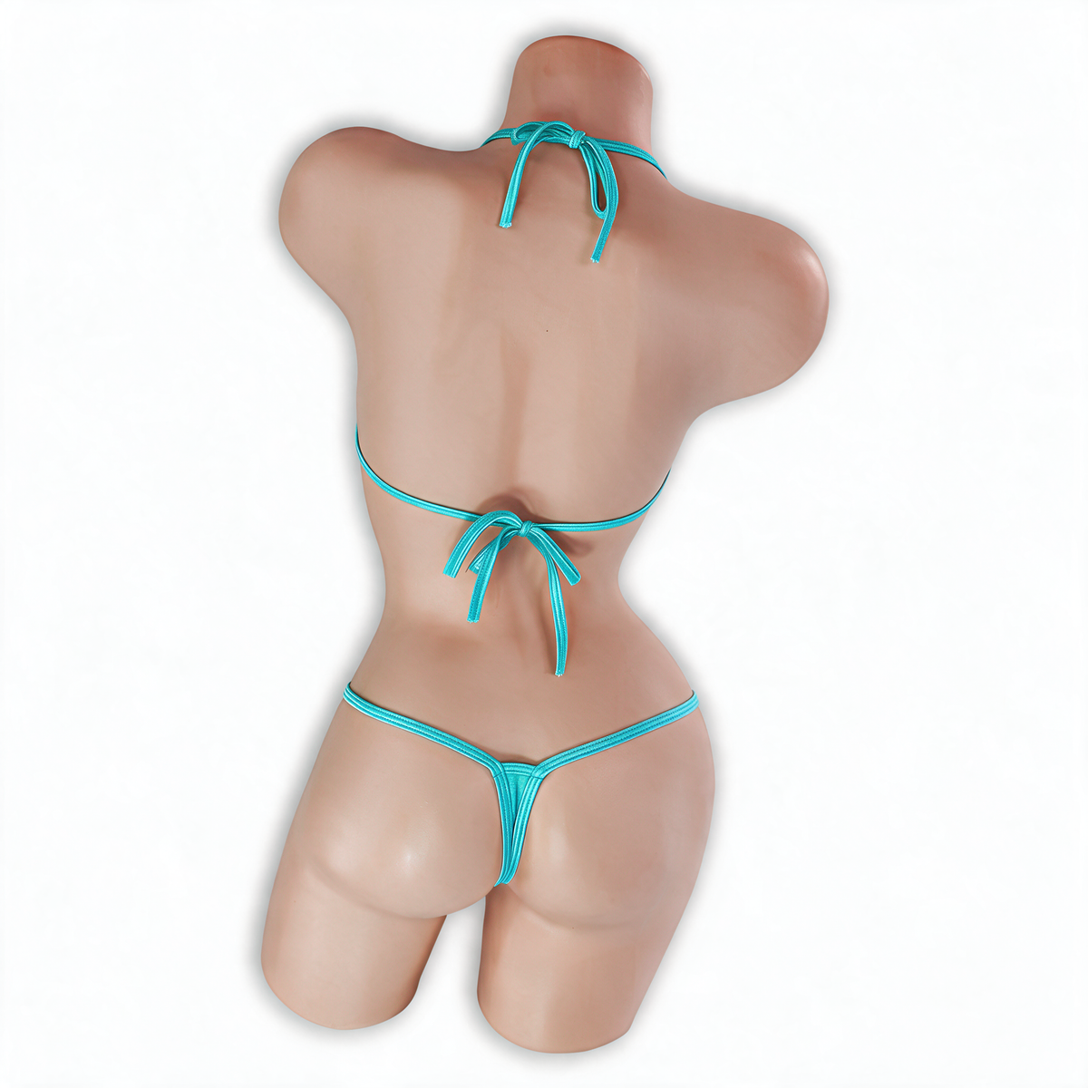 Aquamarine baby blue Zaria micro triangle slingshot bodysuit, back, Golddiggers Boutique