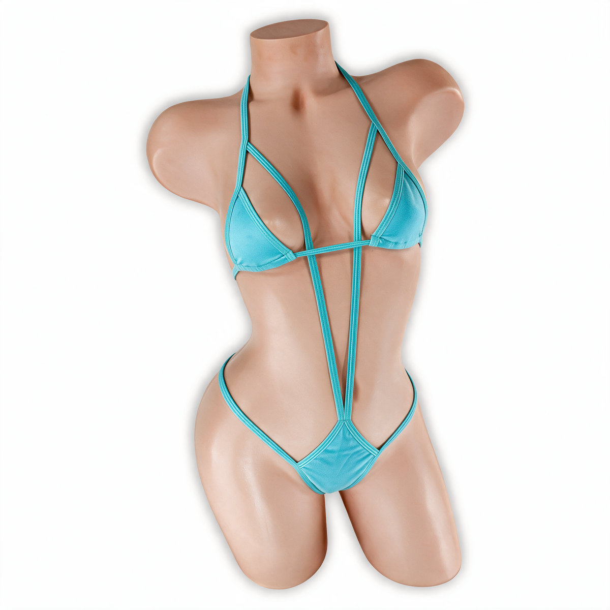 Aquamarine baby blue Zaria micro triangle slingshot bodysuit, front, Golddiggers Boutique