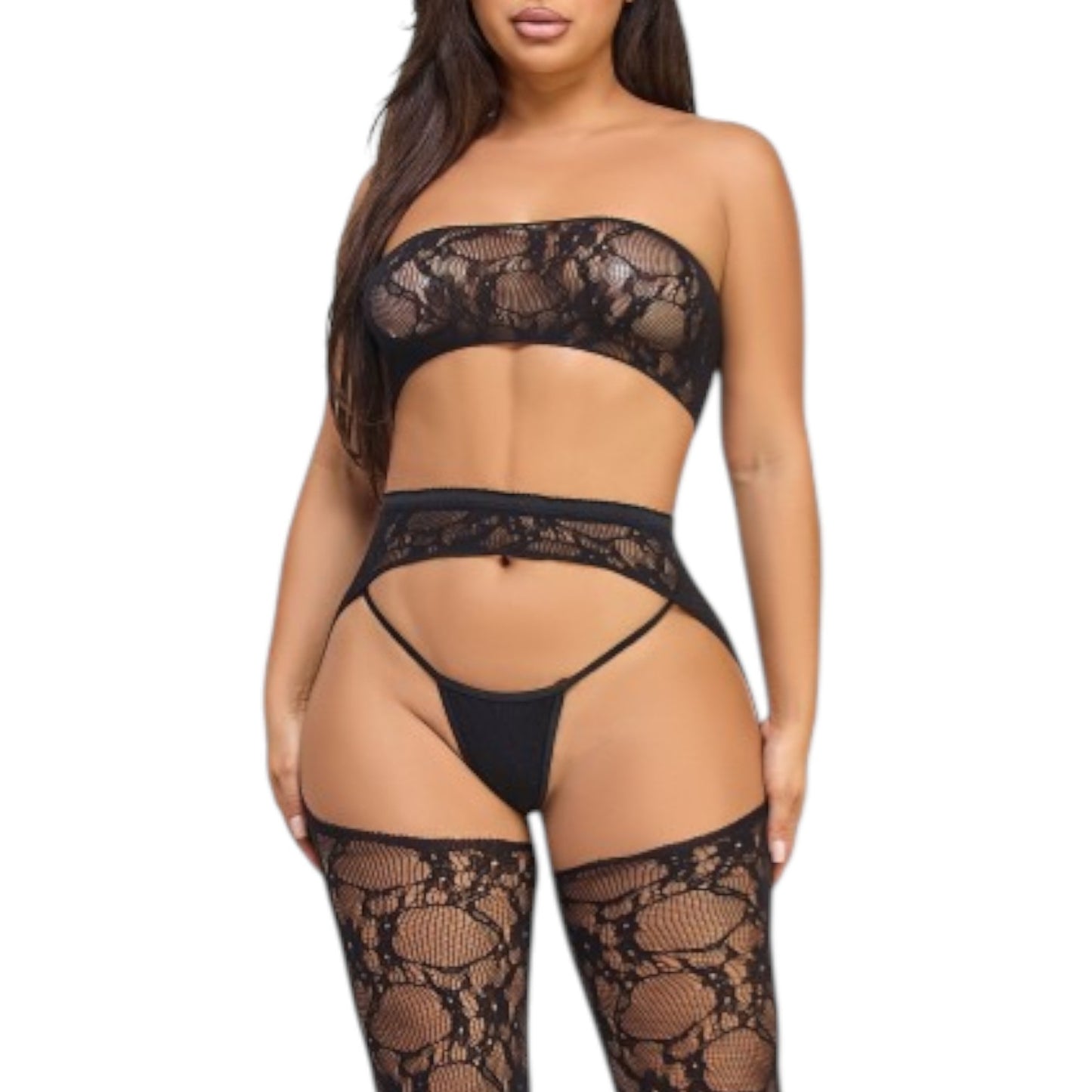 Black lace lingerie set worn by a model on a white background