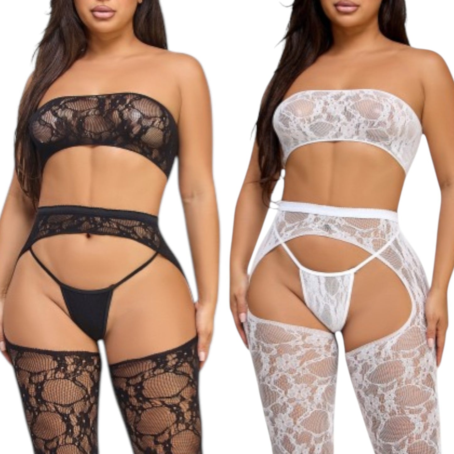 Two sets of lace lingerie in black and white on a plain background