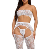White lace lingerie set on a model against a white background