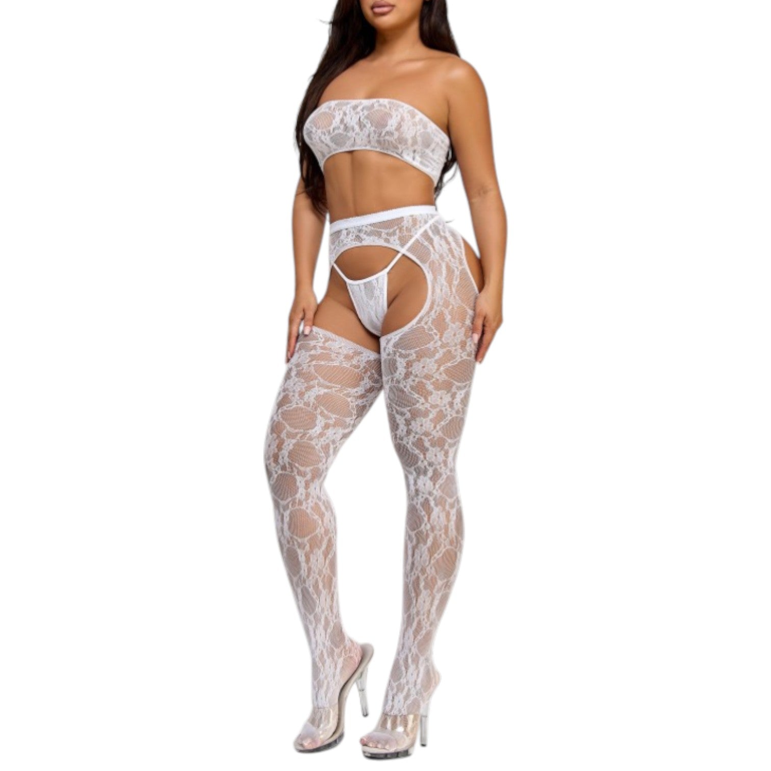 Front side view of woman wearing white lace bodystocking set with bandeau top and garter stockings