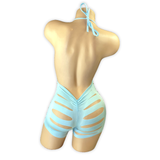 Baby Blue Ava rhinestone ladder cutout romper, back view with scrunch seat and slashed shorts