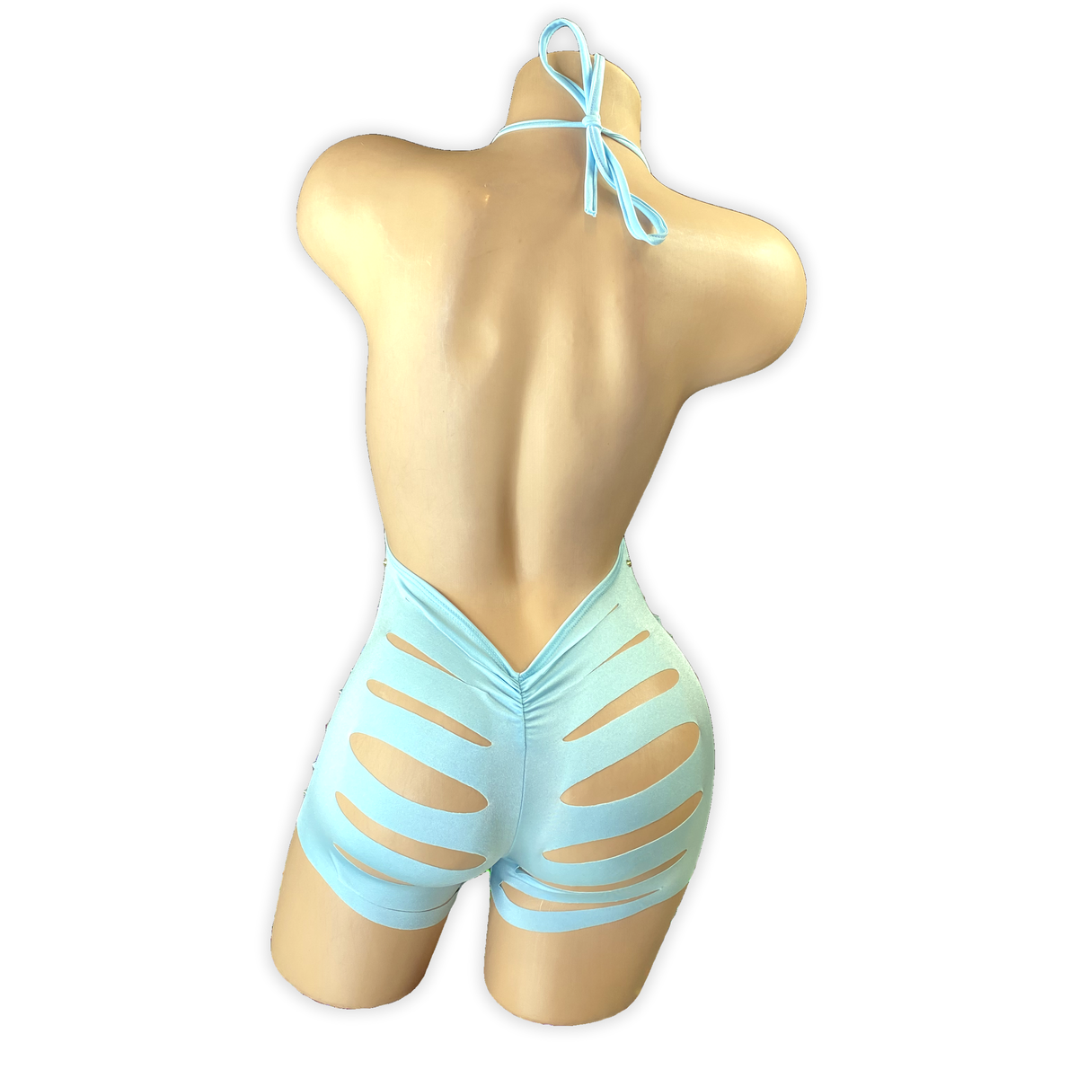 Baby Blue Ava rhinestone ladder cutout romper, back view with scrunch seat and slashed shorts