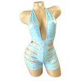 Baby Blue Ava rhinestone ladder cutout romper, angled front view