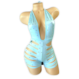 Baby Blue Ava rhinestone ladder cutout romper, front view on mannequin