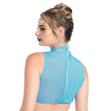 Back view of baby blue daisy mesh crop top showing the zipper - Golddiggers Boutique