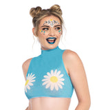 Close-up front view of baby blue daisy mesh high neck crop top - Golddiggers Boutique