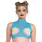 Close-up front view of baby blue daisy mesh crop top - Golddiggers Boutique