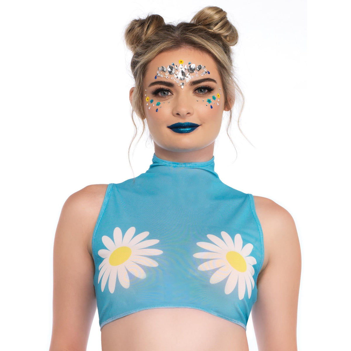 Close-up front view of baby blue daisy mesh crop top - Golddiggers Boutique