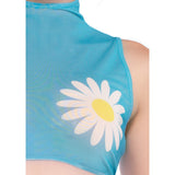 Detail view of the daisy print on baby blue mesh crop top - Golddiggers Boutique