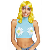 Front view of baby blue daisy mesh high neck crop top - Golddiggers Boutique