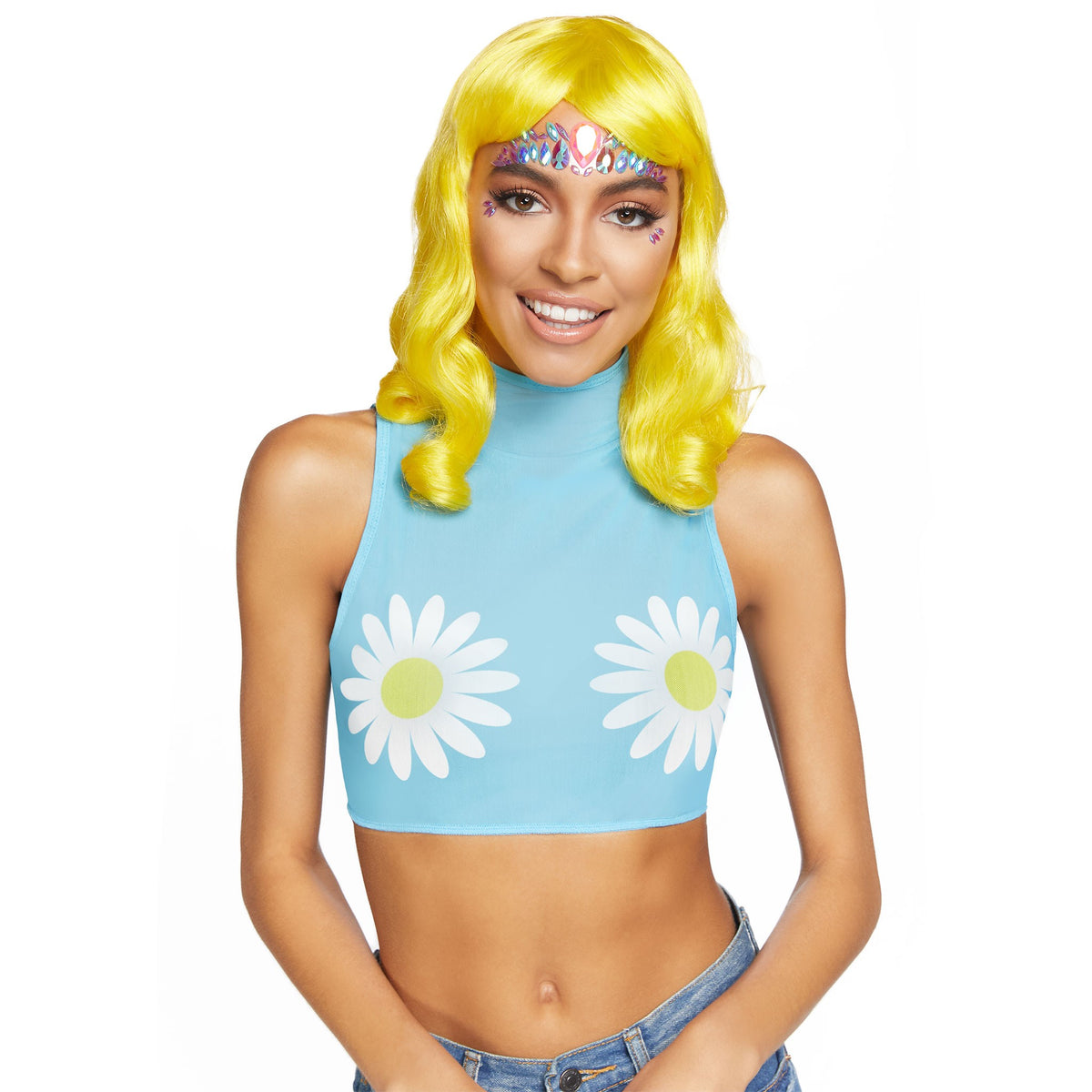 Front view of baby blue daisy mesh high neck crop top - Golddiggers Boutique