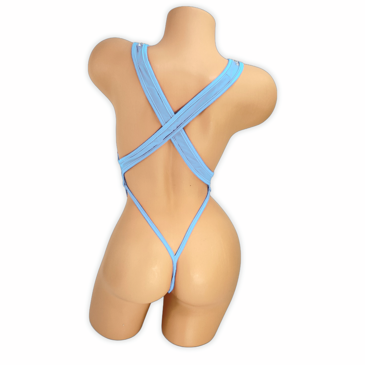 Baby Blue Paige rhinestone slingshot bodysuit, back view showing criss-cross straps and thong back