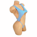 Baby Blue Paige rhinestone cutout slingshot bodysuit, side view on mannequin