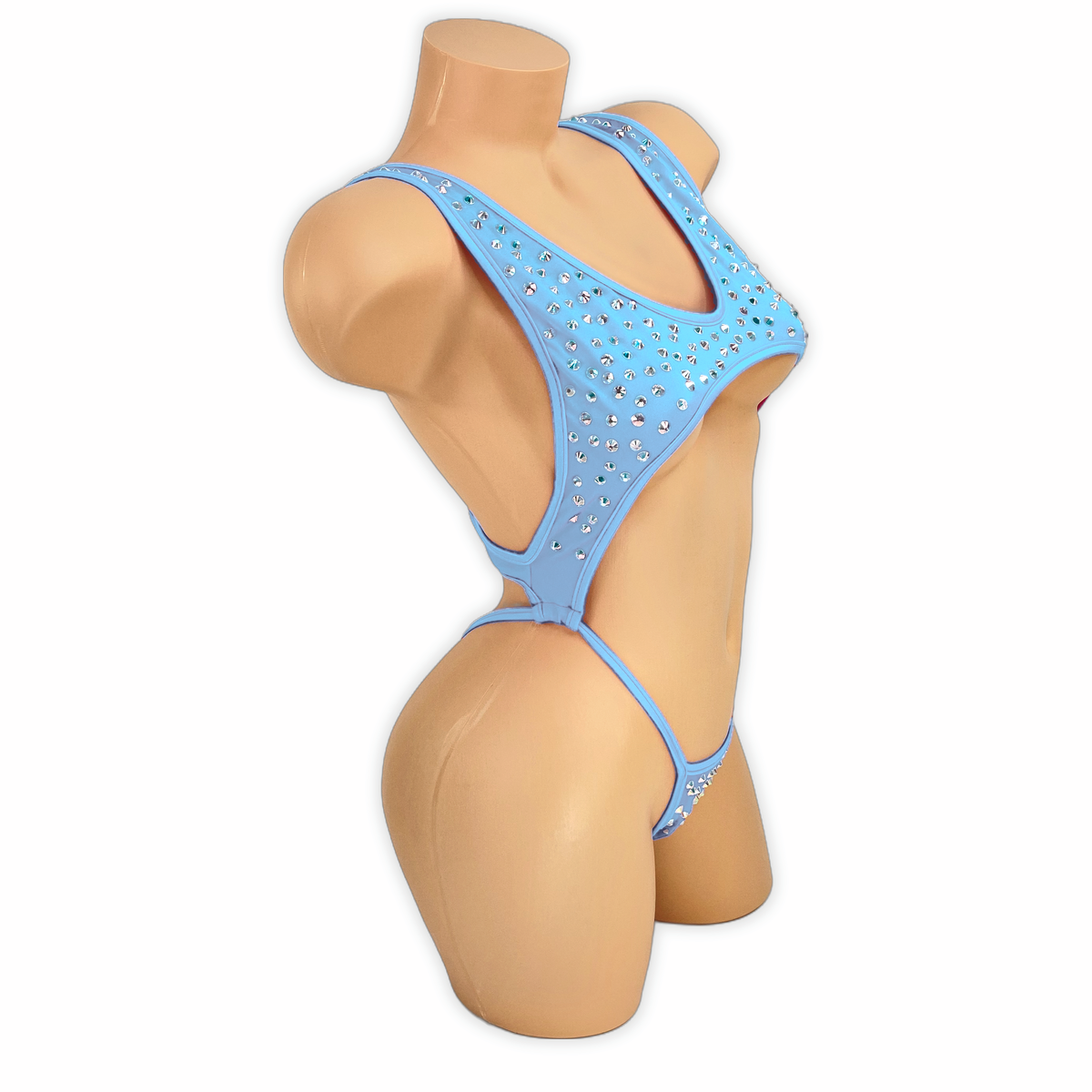 Baby Blue Paige rhinestone cutout slingshot bodysuit, side view on mannequin