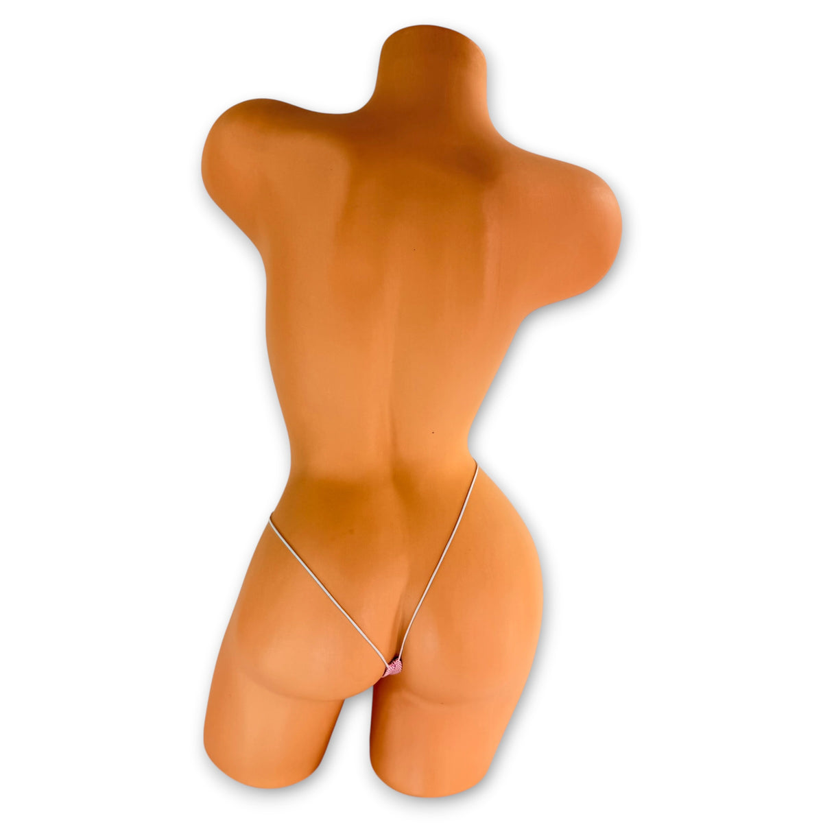 Baby pink holographic Show Girl g-string on mannequin, back view showing white strings - Golddiggers Boutique