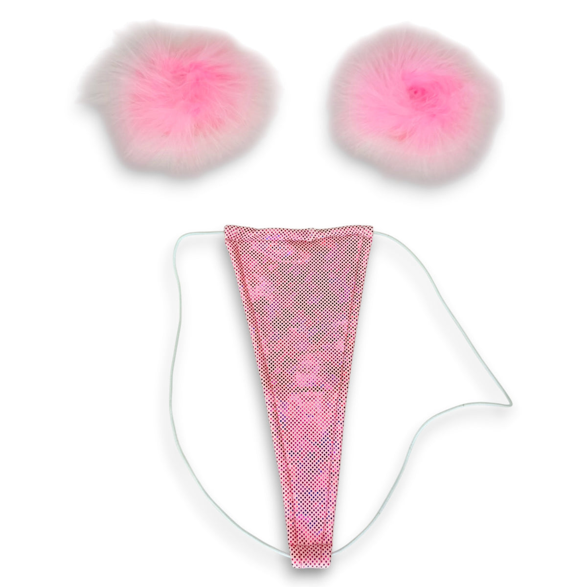 Baby pink holographic dot g-string and baby pink feather pasties, flat lay on white - Golddiggers Boutique