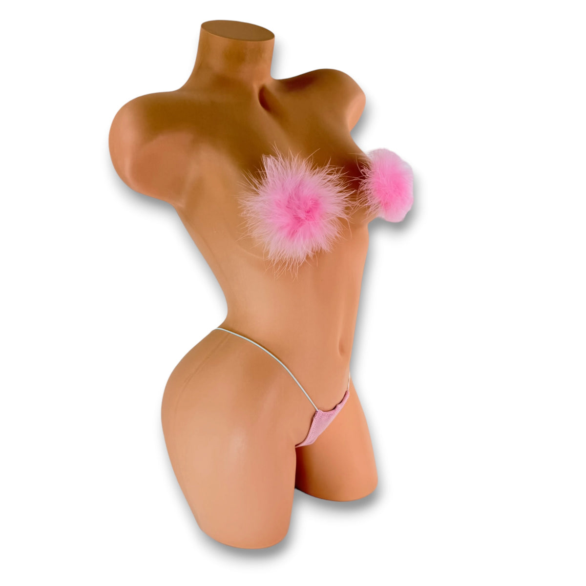 Baby pink holographic Show Girl set with feather pasties on mannequin, side view - Golddiggers Boutique