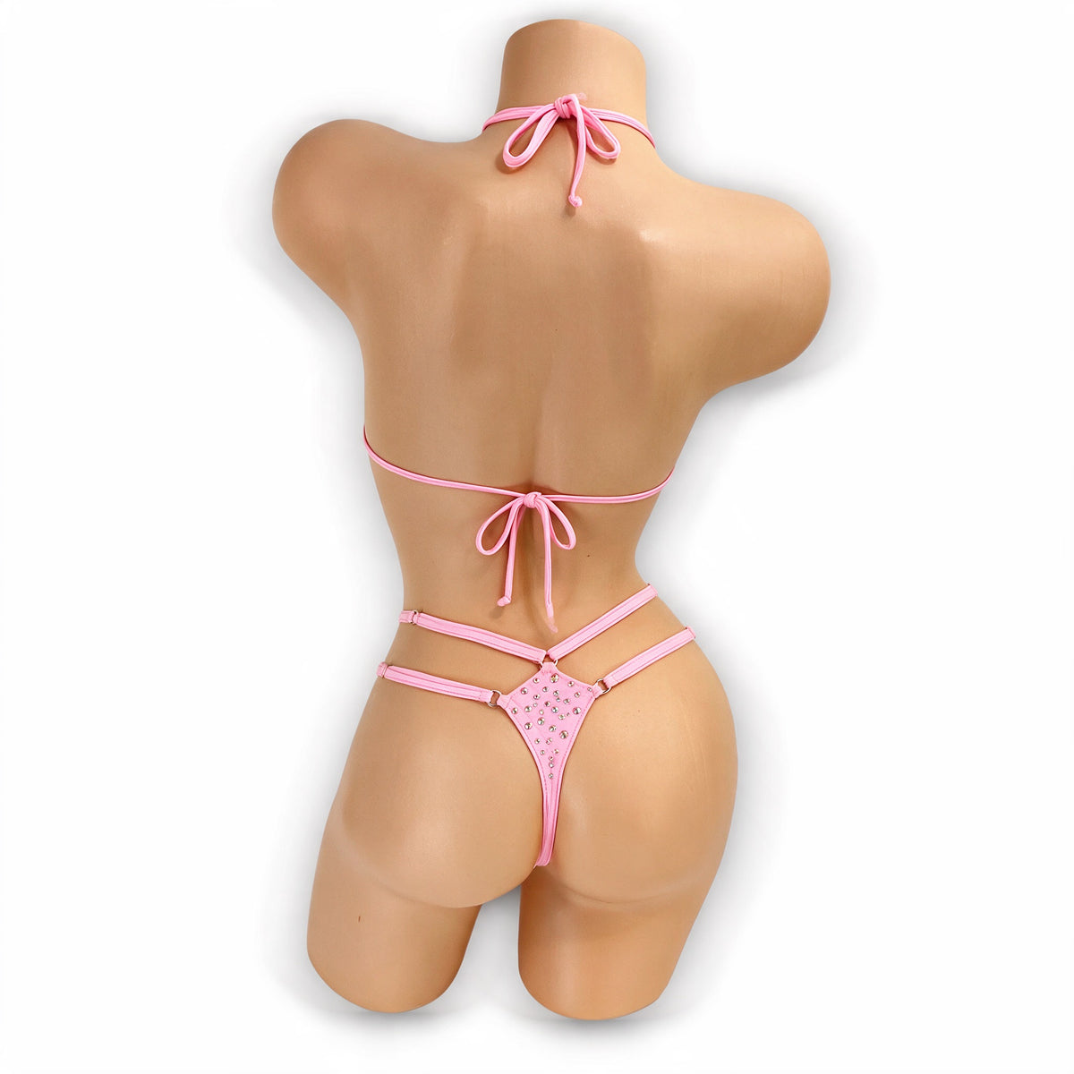 Baby pink Tiffany rhinestone set, back view showing halter ties and rhinestone thong back
