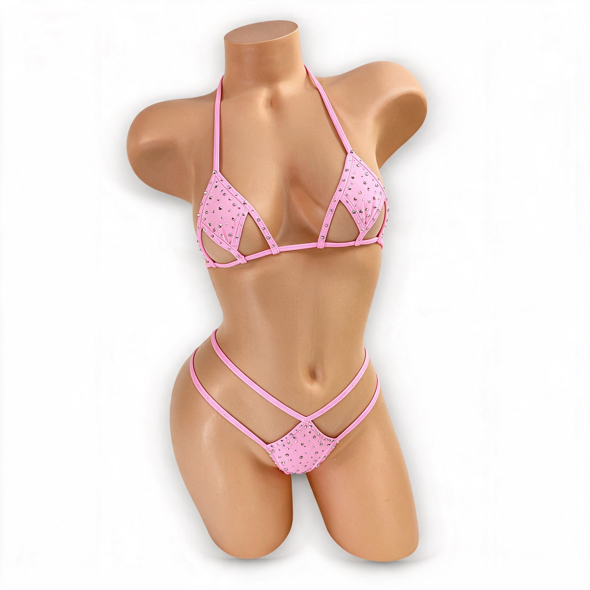 Baby pink Tiffany rhinestone cutout bikini set, front view on mannequin