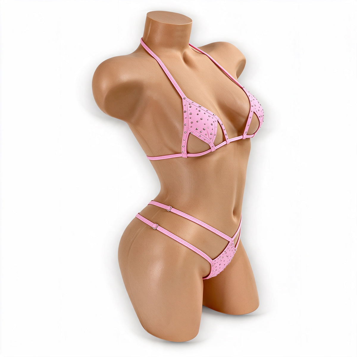 Baby pink Tiffany rhinestone set, side view showing double waist straps and sliders