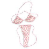 Baby Pink & White Wavy Checkerboard micro 'kini, flat lay of triangle top and g-string thong on baby pink strings, Golddiggers Boutique