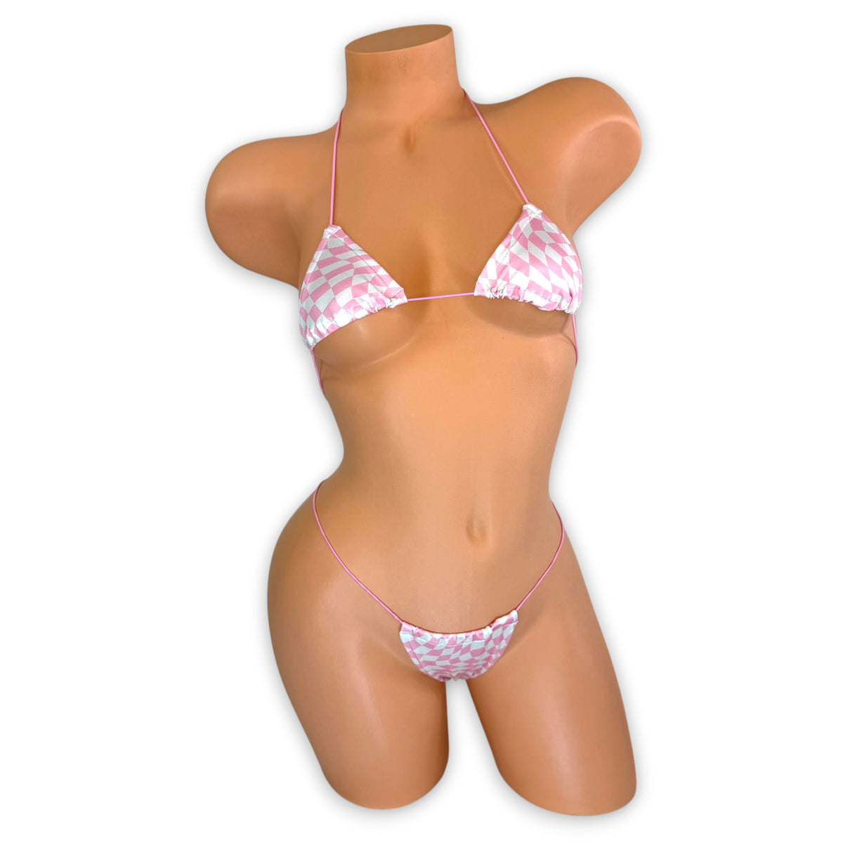Baby Pink & White Wavy Checkerboard micro 'kini, front view on mannequin