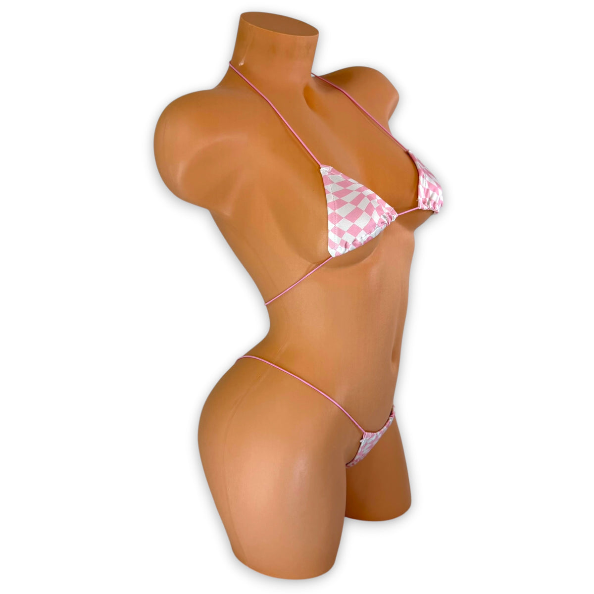 Baby Pink & White Wavy Checkerboard micro 'kini, side view on mannequin