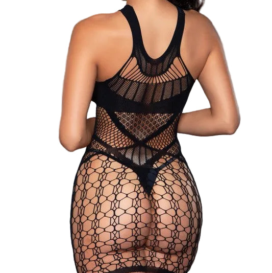 Back view of woman wearing black geometric fishnet minidress with racerback halter design