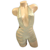 Beige Ava rhinestone ladder cutout romper, angled front view
