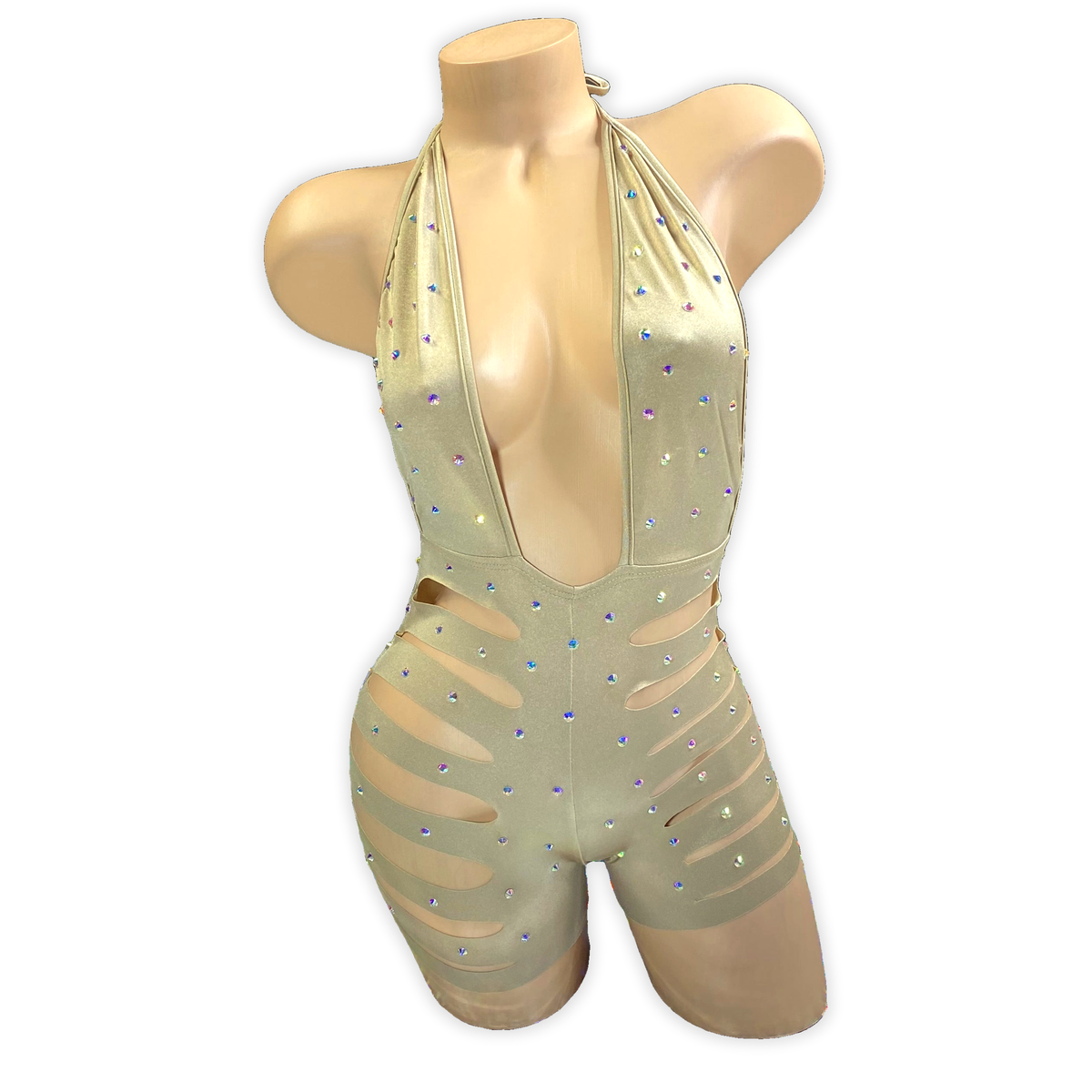 Beige Ava rhinestone ladder cutout romper, front view on mannequin