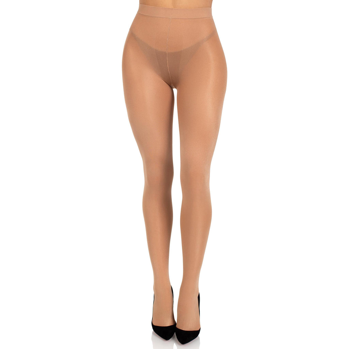 Front view of beige sheer to waist tights with cotton crotch - Golddiggers Boutique