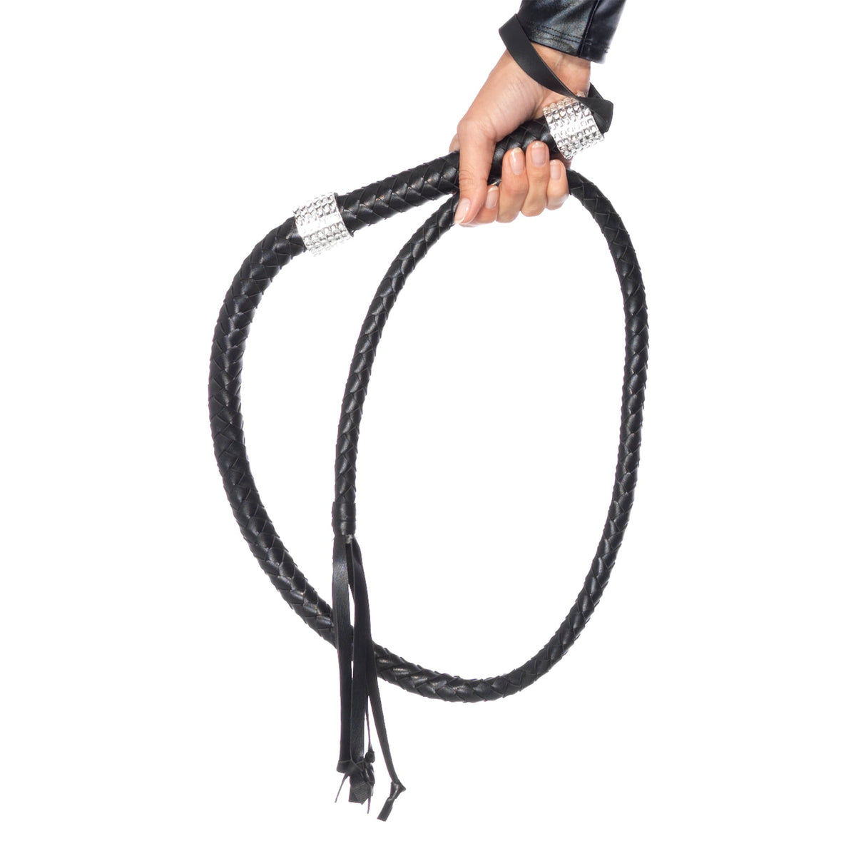 Close-up front view of black 54-inch faux leather braided costume whip - Golddiggers Boutique