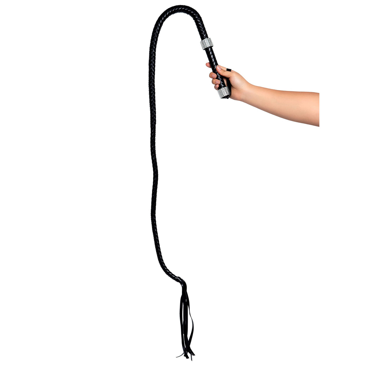 Close-up side view of black 54-inch faux leather braided costume whip - Golddiggers Boutique
