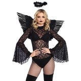 Front view of black angel costume kit with feather wings and marabou halo - Golddiggers Boutique