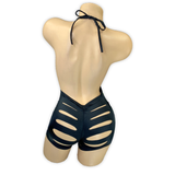 Black Ava rhinestone ladder cutout romper, back view with scrunch seat and slashed shorts