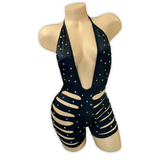 Black Ava rhinestone ladder cutout romper, front view on mannequin