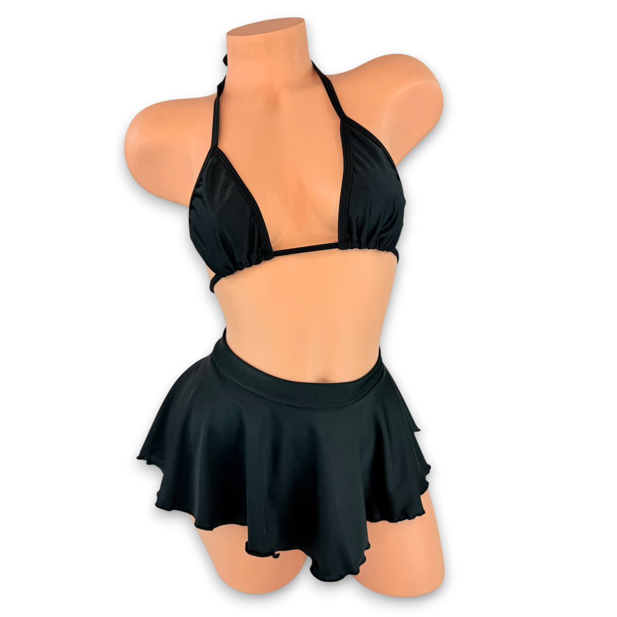 Black Bailey triangle top and high waisted flare skirt, front view on mannequin