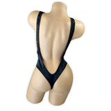 Black Blair rhinestone cutout tank bodysuit, back view with open back and thong