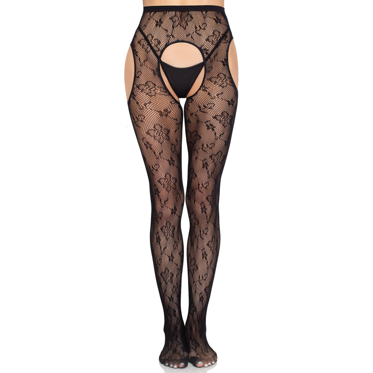 Front view of black bloom net suspender tights - Golddiggers Boutique