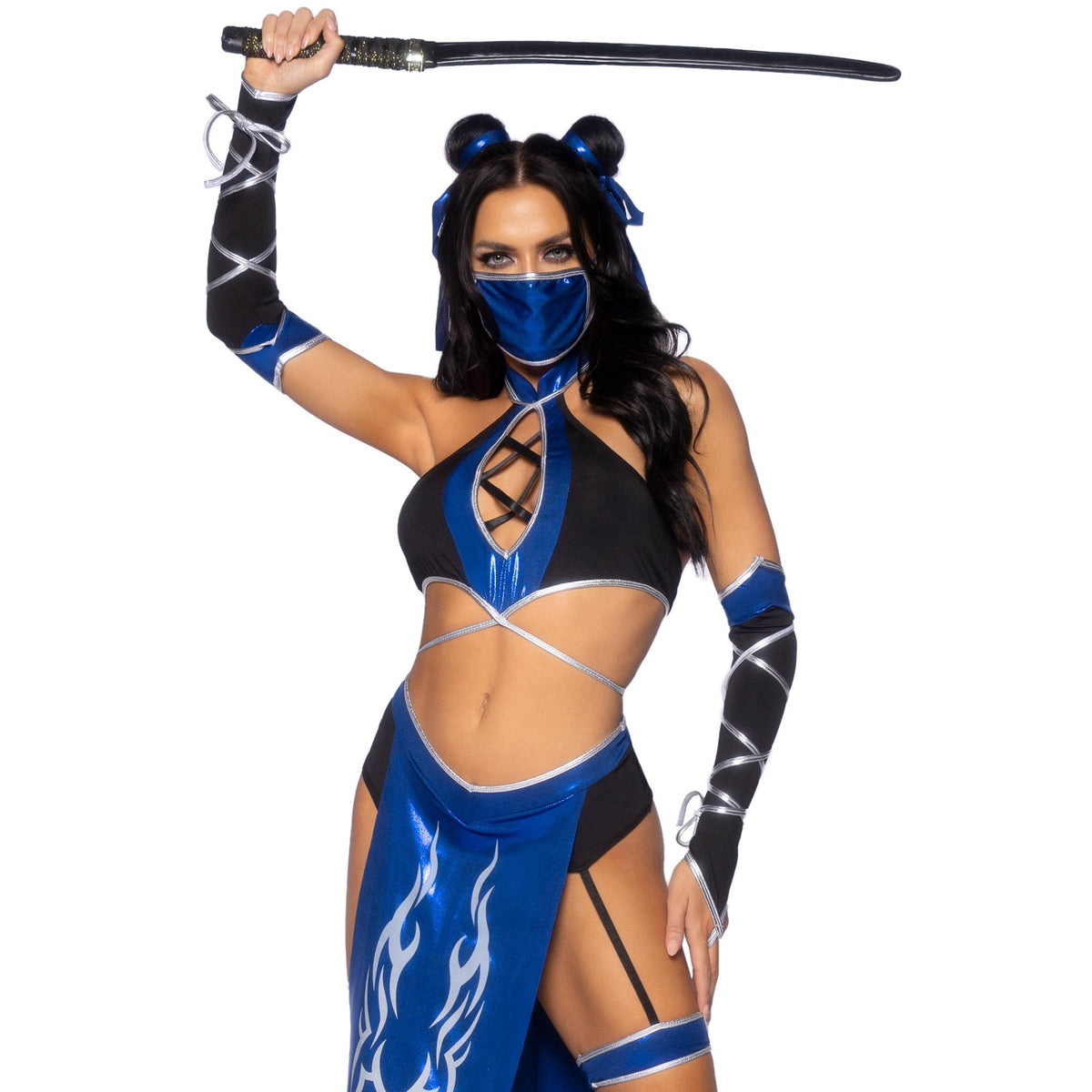 Close front view of black and blue ninja costume with face mask and gauntlet gloves - Golddiggers Boutique