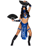 Front pose of black and blue ninja costume with face mask and gauntlet gloves - Golddiggers Boutique