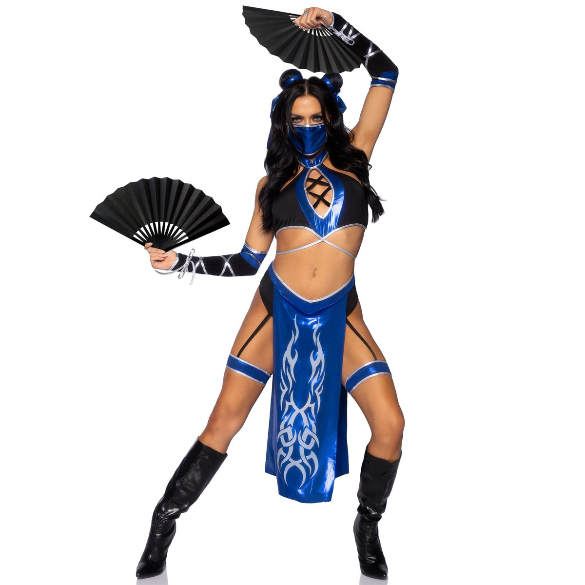 Front pose of black and blue ninja costume with face mask and gauntlet gloves - Golddiggers Boutique