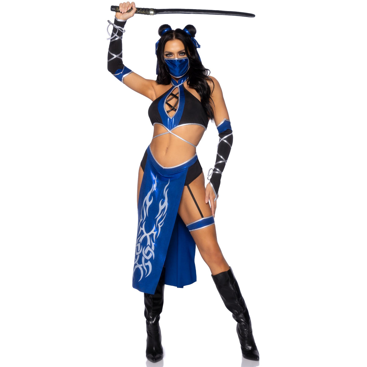 Front view of black and blue ninja costume with face mask and gauntlet gloves - Golddiggers Boutique