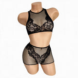 Front view of the Black Carmen fishnet and lace high neck crop top and high waist boy shorts set on a mannequin - Golddiggers Boutique