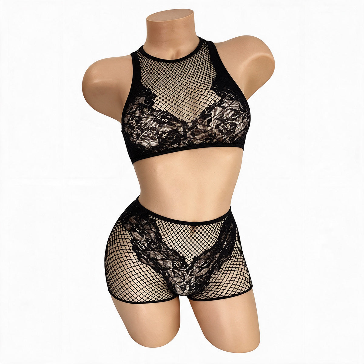 Front view of the Black Carmen fishnet and lace high neck crop top and high waist boy shorts set on a mannequin - Golddiggers Boutique