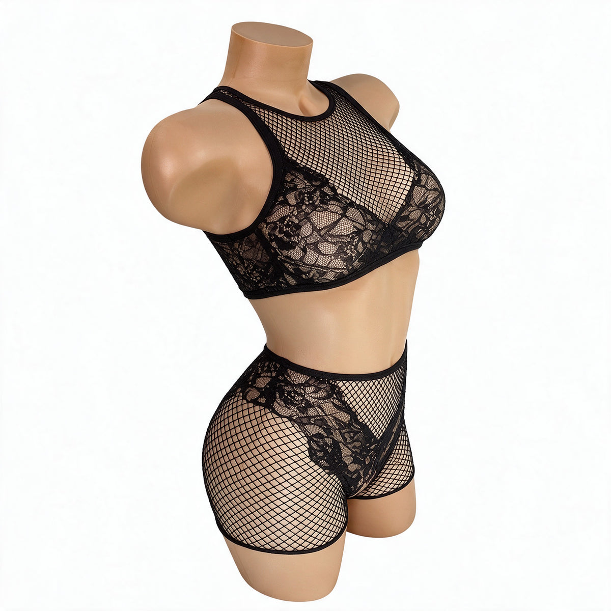 Side view of the Black Carmen fishnet and lace crop top and boy shorts set on a mannequin - Golddiggers Boutique