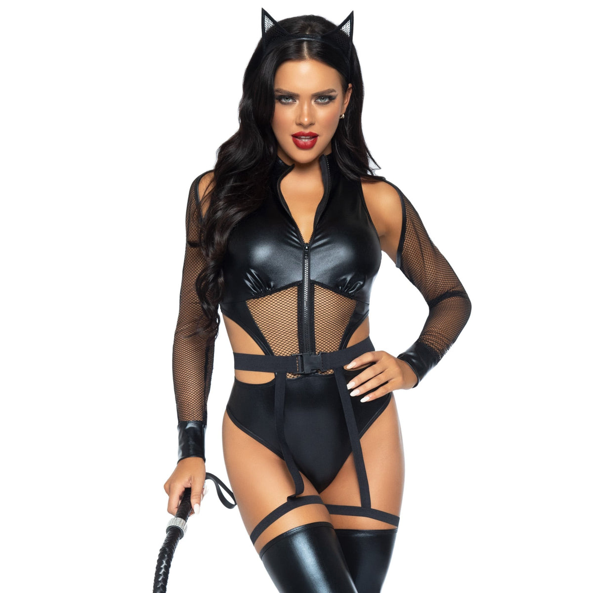 Close front view of black cat burglar costume cut-out bodysuit with garters and ears - Golddiggers Boutique